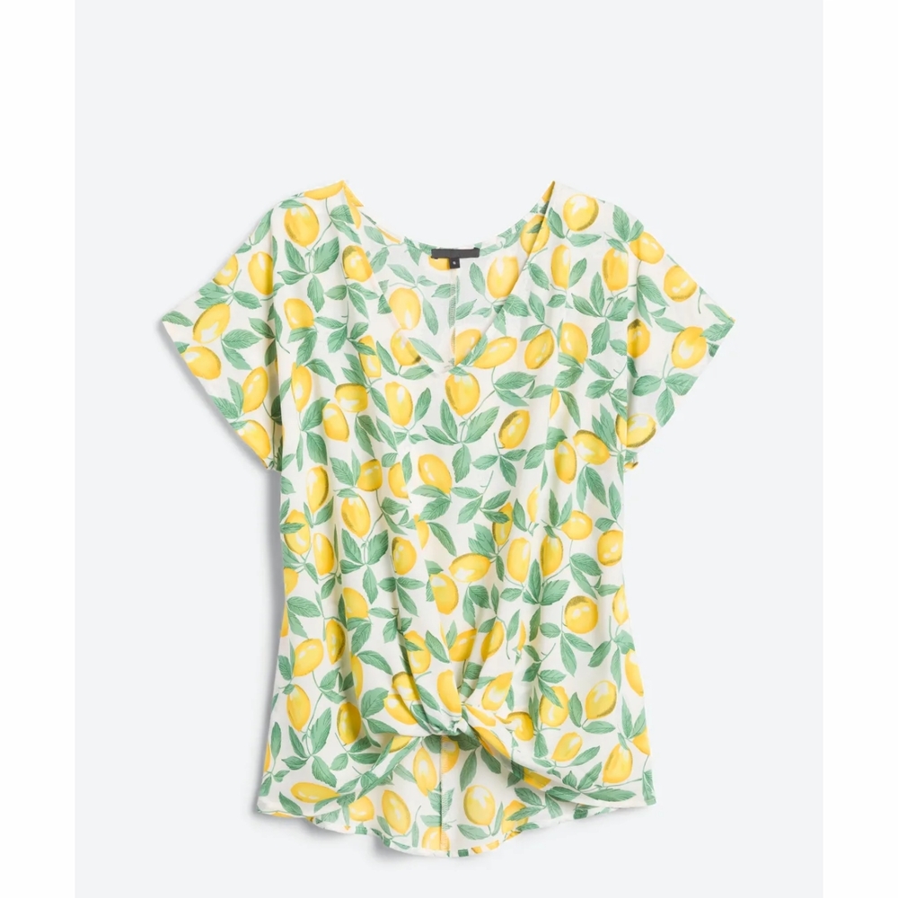 West Kei Yellow Lemon Print Short Sleeve Knot Front Top